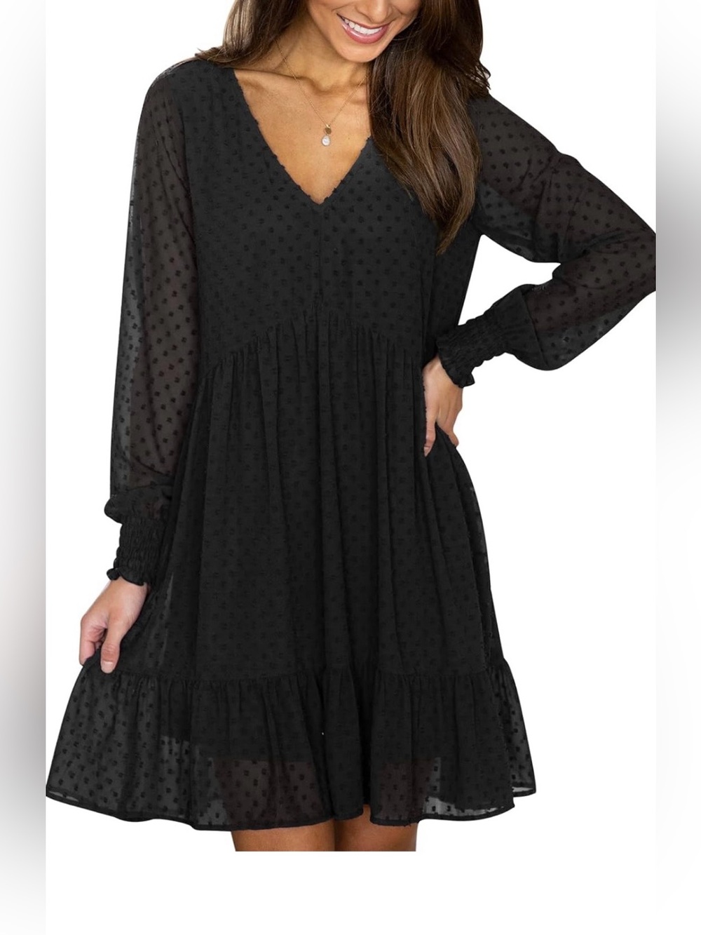 Black Swiss Dot V-Neck Lined Tiered Mini Dress